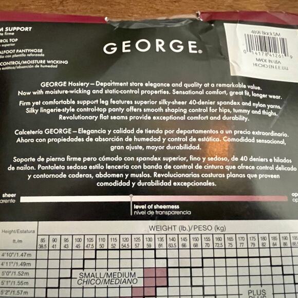George Firm Support Control Top Pantyhose Size Small Medium Color:  Black  C-16 - Picture 9 of 12